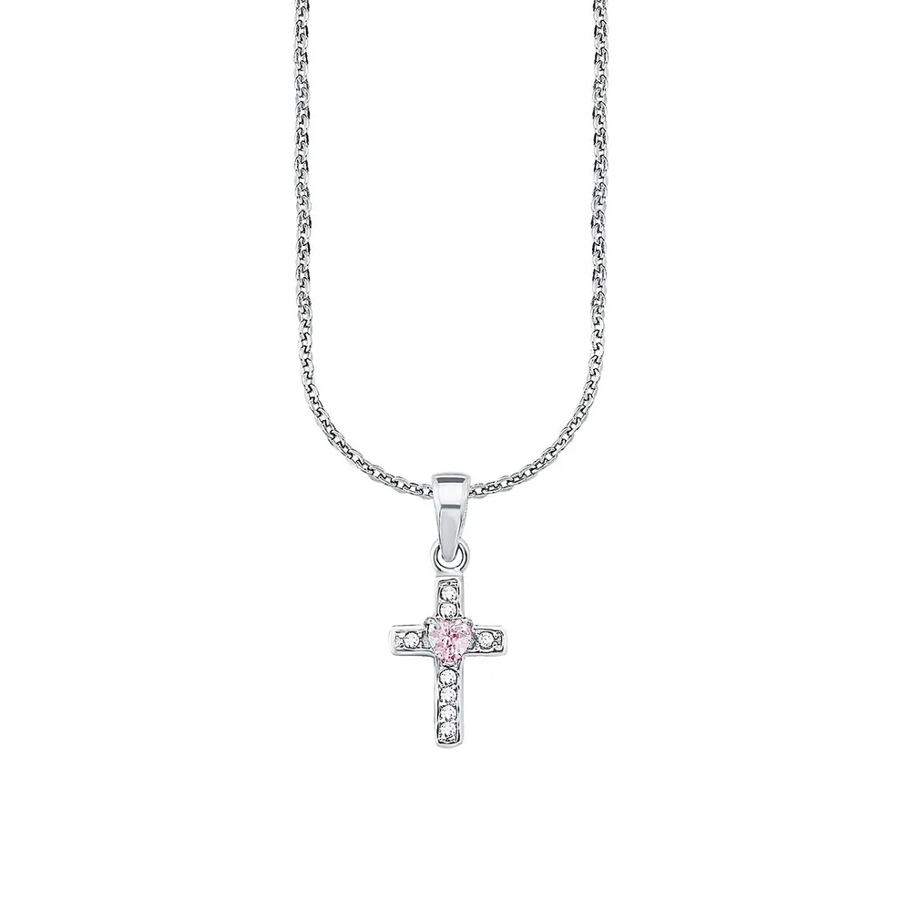 Kid's Rhodium-Plated Sterling Silver & Cubic Zirconia Cross Pendant Necklace