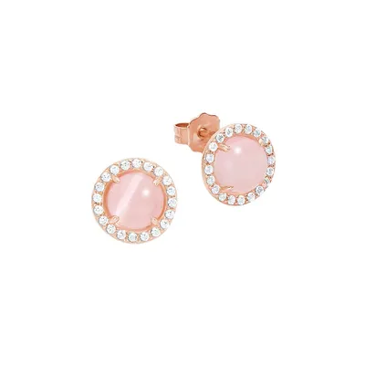 Rose Goldplated Sterling Silver, Pink Gemstone & White Cubic Zirconia Stud Earrings