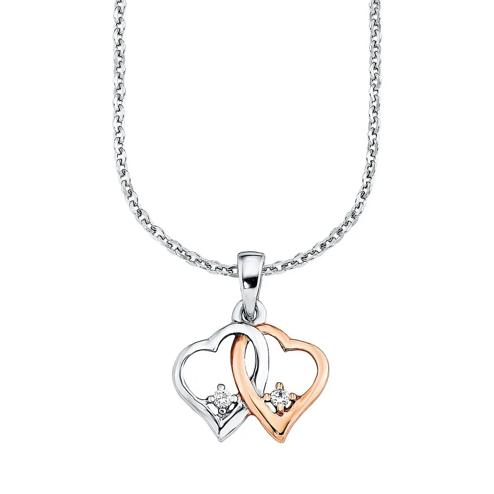 Rhodium-Plated, Rose Goldplated Sterling Silver & Cubic Zirconia Intertwined Hearts Pendant Necklace