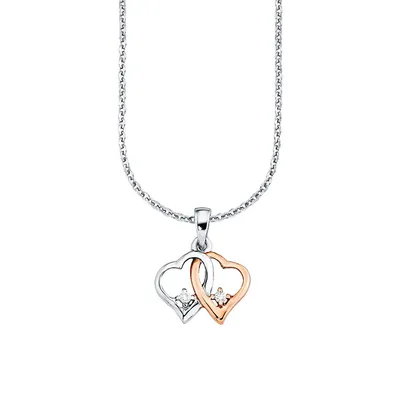 Rhodium-Plated, Rose Goldplated Sterling Silver & Cubic Zirconia Intertwined Hearts Pendant Necklace