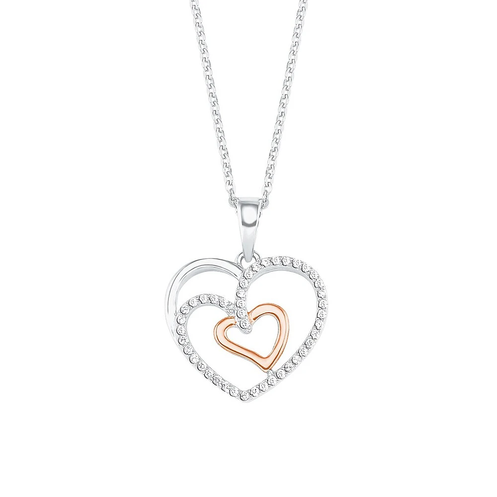 Rhodium-Plated, Rose Goldplated Sterling Silver & White Cubic Zirconia Heart Pendant Necklace