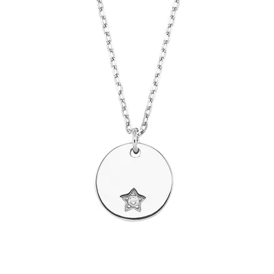 Rhodium-Plated Sterling Silver & Cubic Zirconia Engraved Plaque Star Necklace