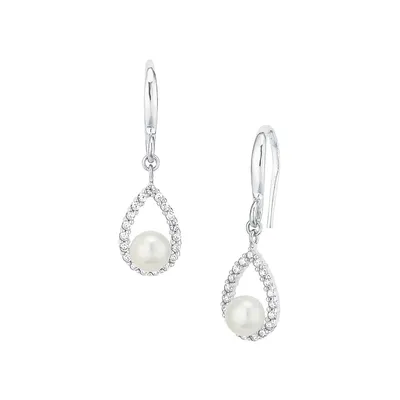 Sterling Silver, Freshwater Cultured Pearl & Cubic Zirconia Drop Earrings