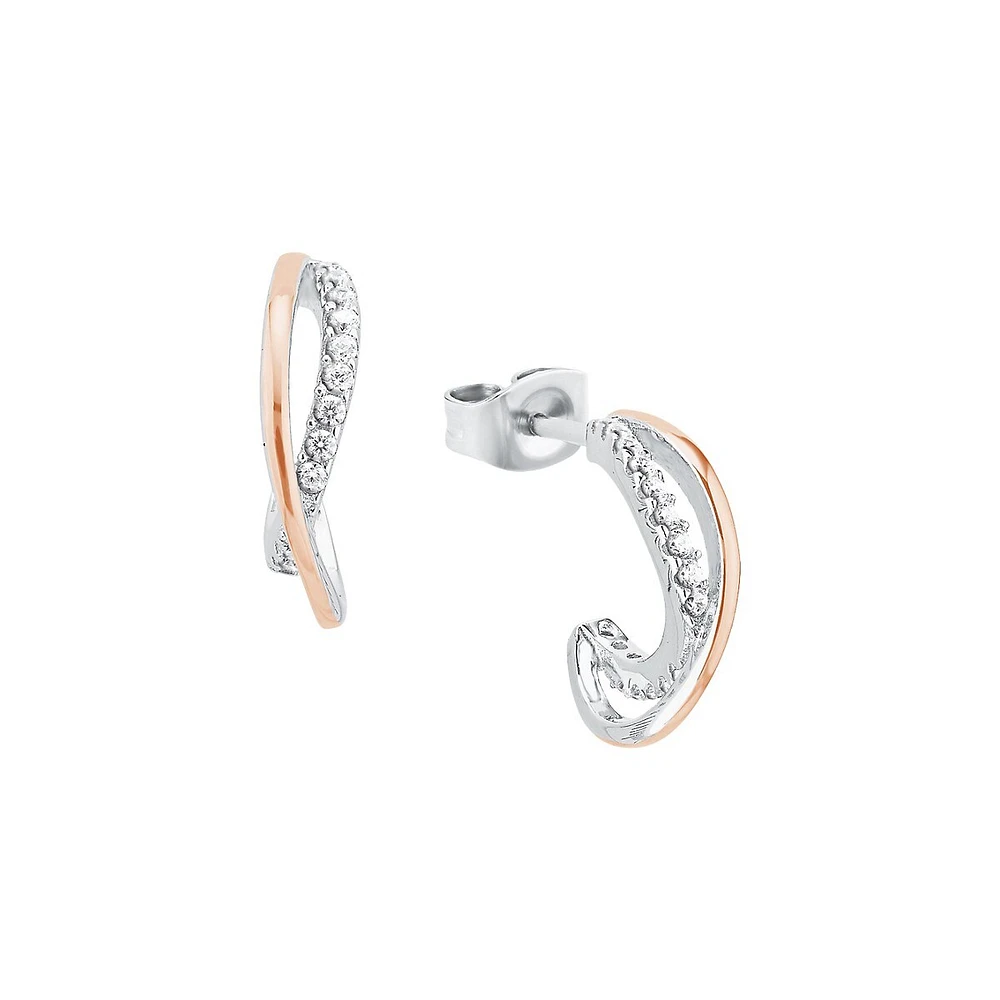 Rhodium-Plated & Rose Goldplated Sterling Silver & Cubic Zirconia Creoles Earrings