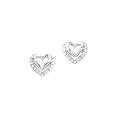 Rhodium-Plated Sterling Silver & Cubic Zirconia Heart Earrings