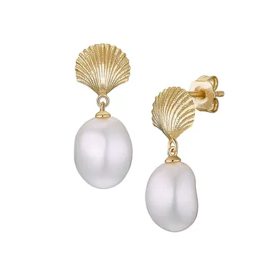Main IP Goldplated Sterling Silver & 9MM Cultured Pearl Drop Seashell Earrings
