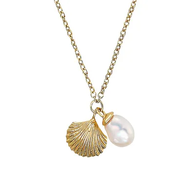 Main IP Goldplated Sterling Silver & 9MM Cultured Pearl Seashell Charm Necklace