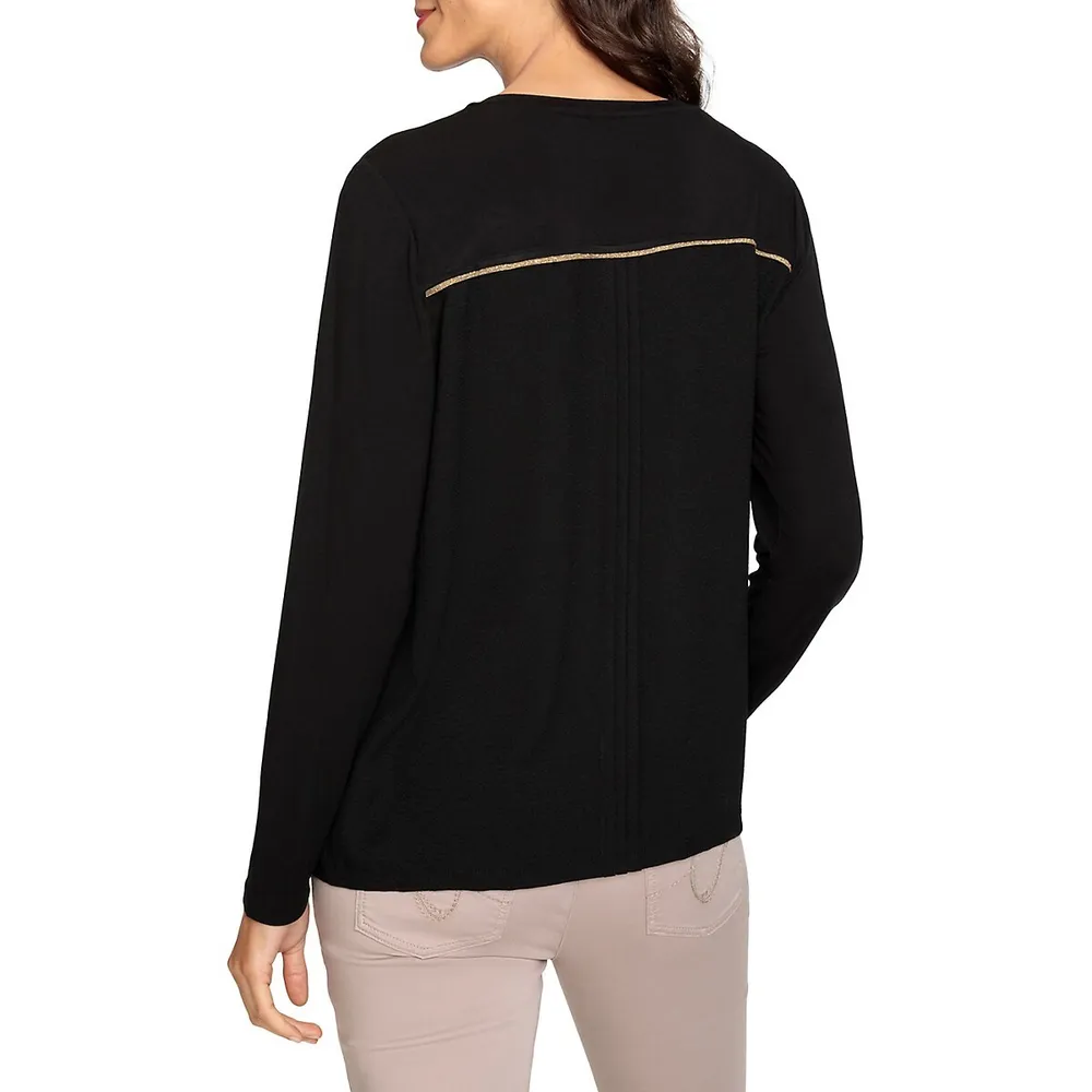 Long-Sleeve Mixed-Media V-Neck T-Shirt