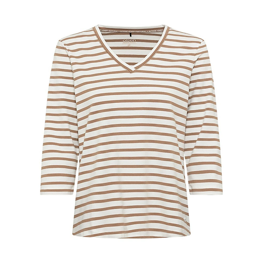 Life Motion Striped Three-Quarter Sleeve V-Neck T-Shirt