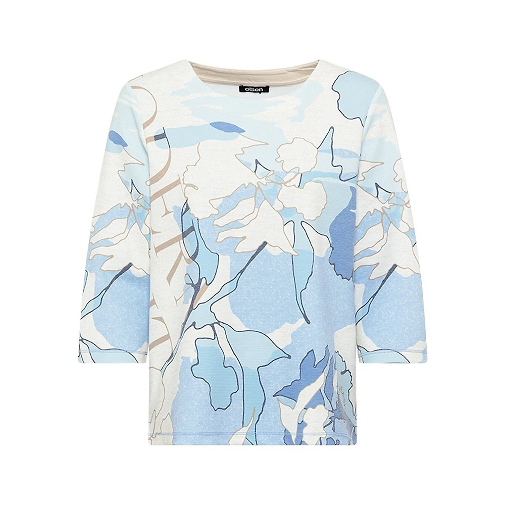 Abstract-Print Three-Quarter Sleeve Knit Top