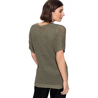 Linen-Blend Short-Sleeve Open-Knit Sweater