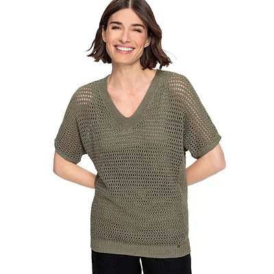 Linen-Blend Short-Sleeve Open-Knit Sweater