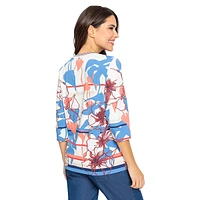 Floral Stripe Three-Quarter Sleeve Stretch T-Shirt