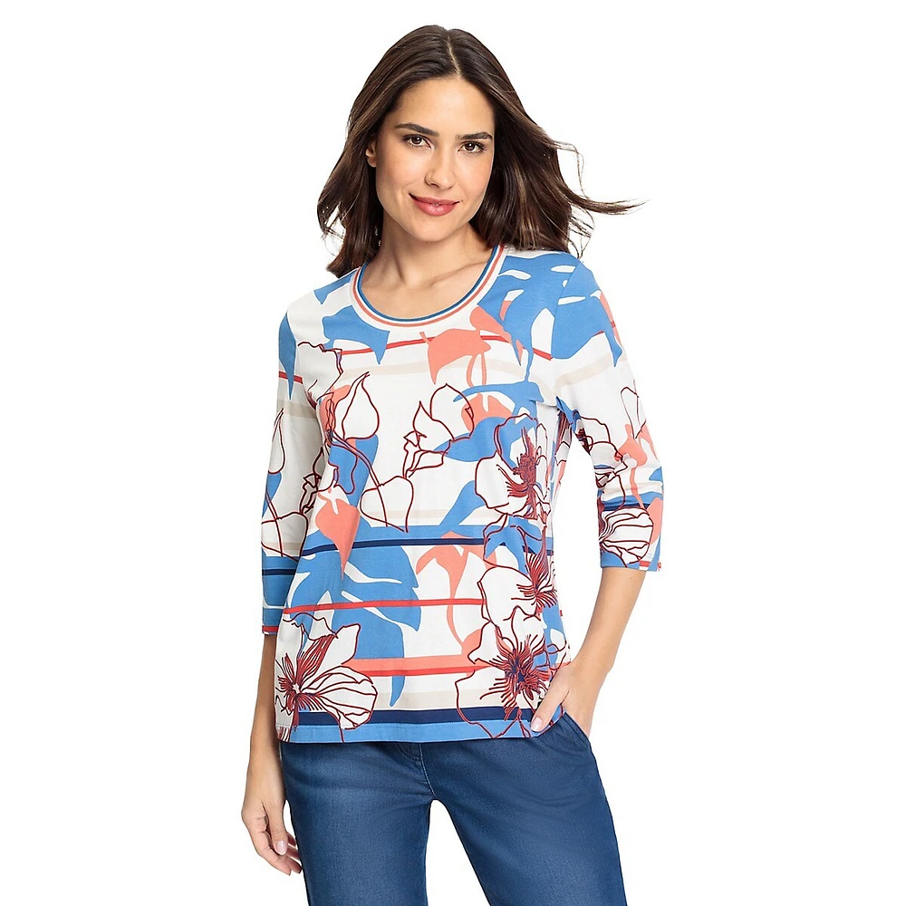 Floral Stripe Three-Quarter Sleeve Stretch T-Shirt