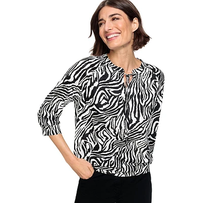 Loose-Fit Cotton-Modal Zebra-Print Tied Splitneck Top