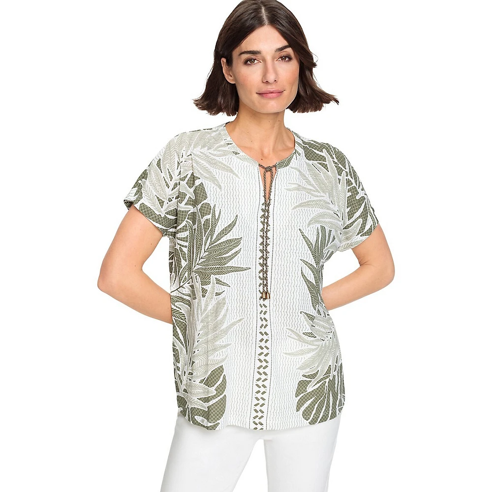 Loose-Fit Geo-Palm Print Keyhole Top