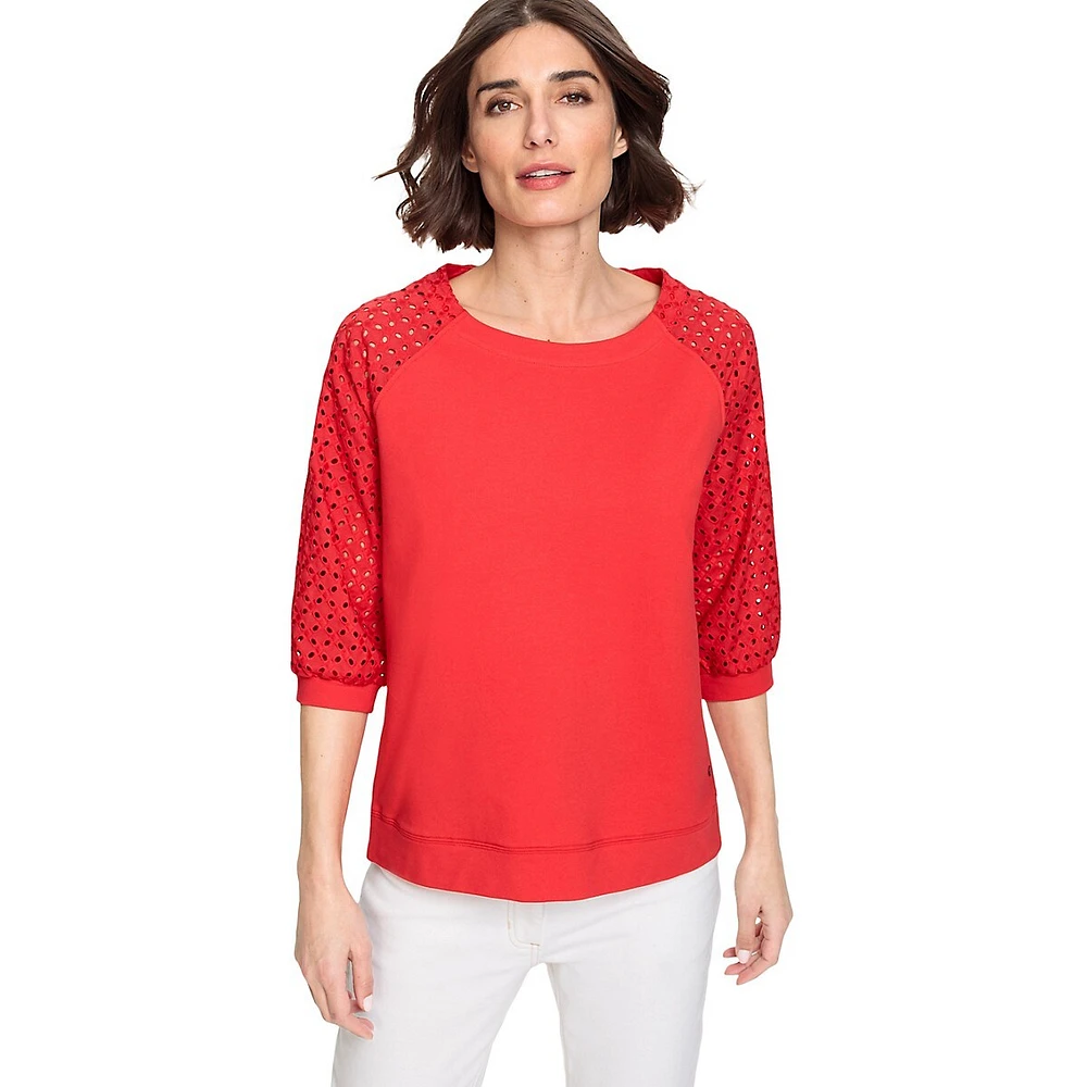 Clara-Fit Jersey & Eyelet Mixed-Media Top