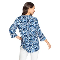 Printed Trim Viscose Splitneck Tunic Blouse