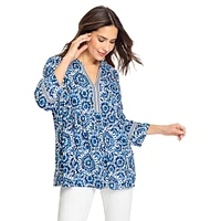 Printed Trim Viscose Splitneck Tunic Blouse