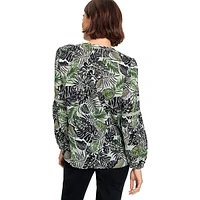 Leaf-Print Buttoned Tunic Blouse
