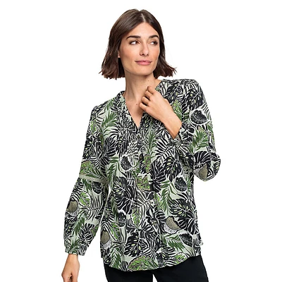 Leaf-Print Buttoned Tunic Blouse