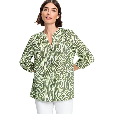 Zebra-Print Buttoned Tunic Blouse