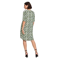 Splitneck Elbow-Sleeve Leaf-Print Dress
