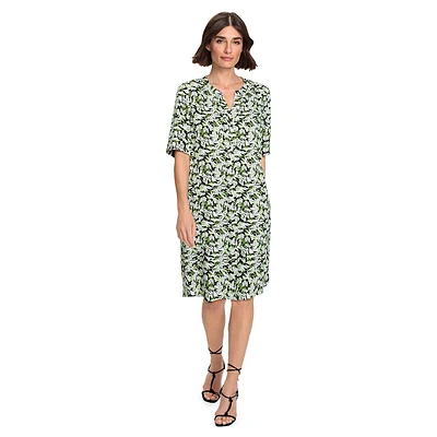 Splitneck Elbow-Sleeve Leaf-Print Dress