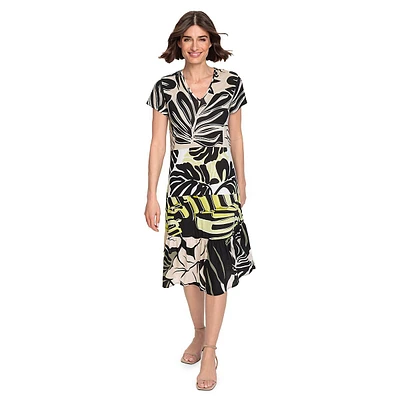 Short-Sleeve Abstract Palm-Print Dress