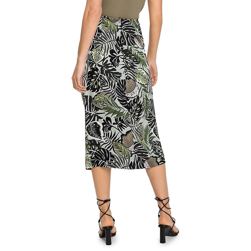 Satin-Effect Leaf-Print Midi Skirt