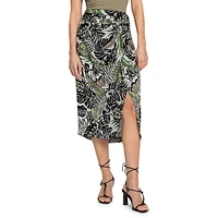 Satin-Effect Leaf-Print Midi Skirt