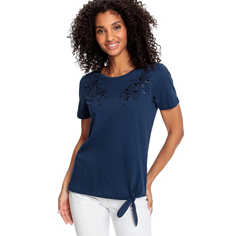 Sequin Palms Tied-Hem T-Shirt