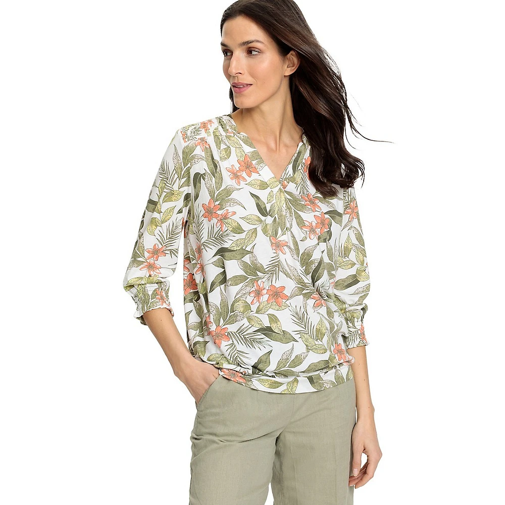 Relaxed-Fit Tropical-Print Tunic-Neck Top