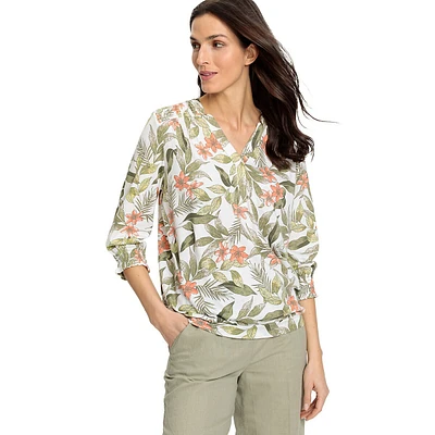 Relaxed-Fit Tropical-Print Tunic-Neck Top