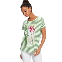 T-shirt rayé en coton biologique à imprimé tropical