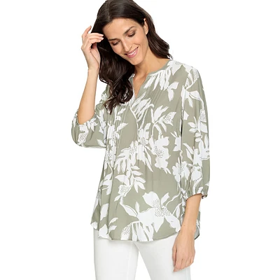 Pleated Floral Splitneck Blouse