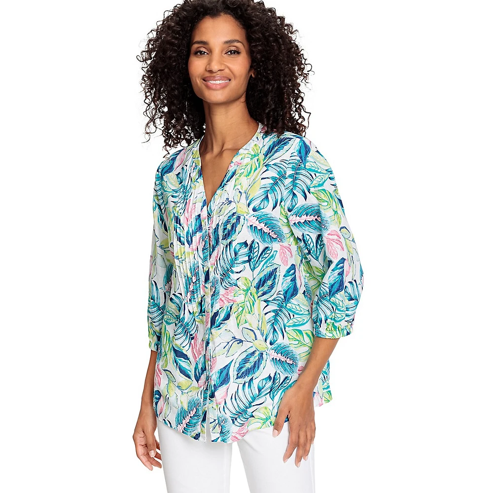 Tropical-Print Linen-Blend Tunic Shirt