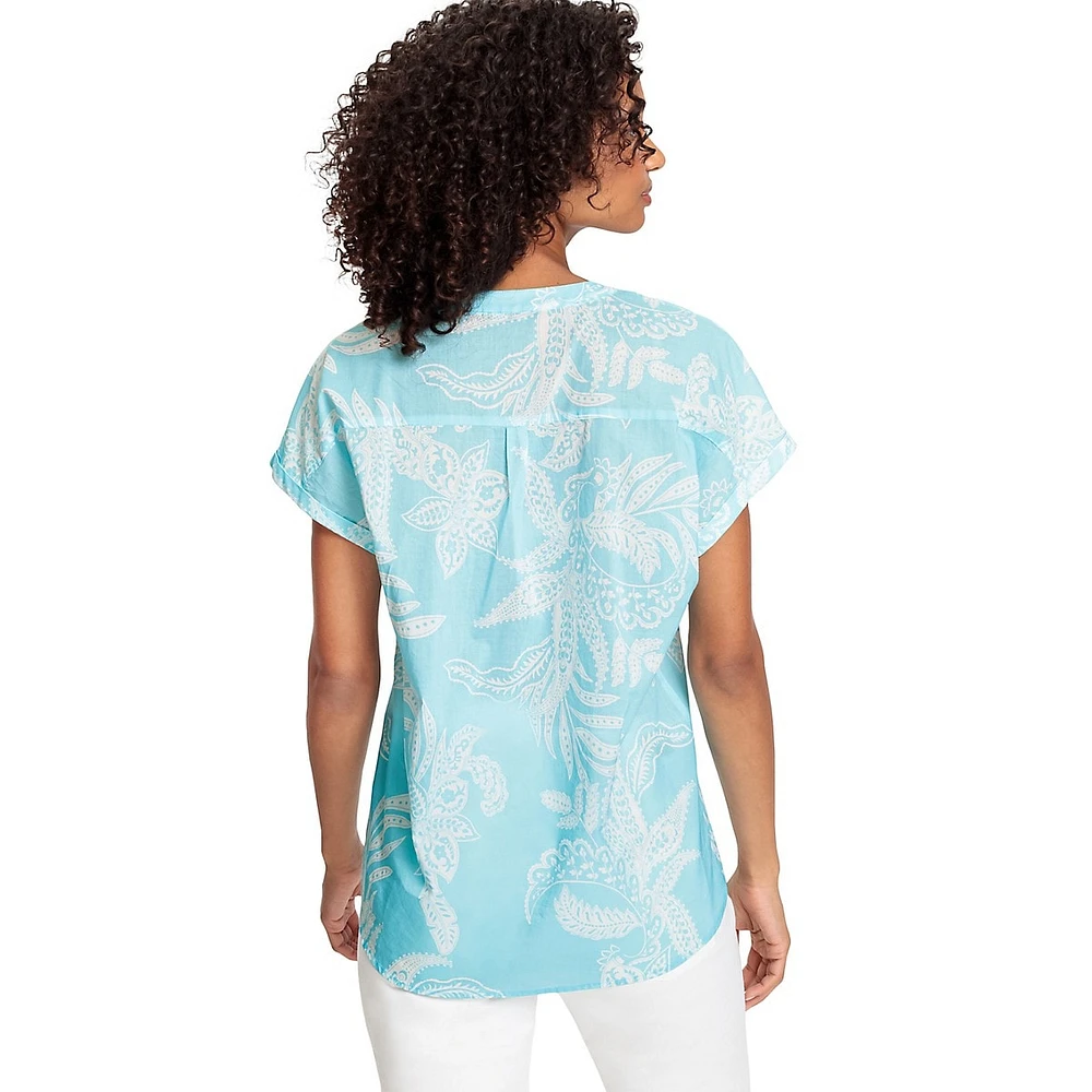 Paisley-Print Short-Sleeve Tunic Blouse