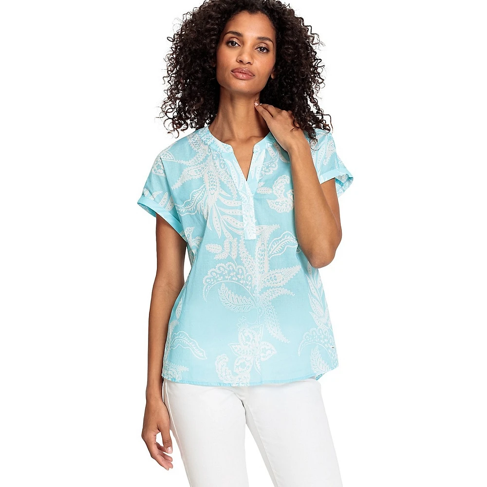 Paisley-Print Short-Sleeve Tunic Blouse