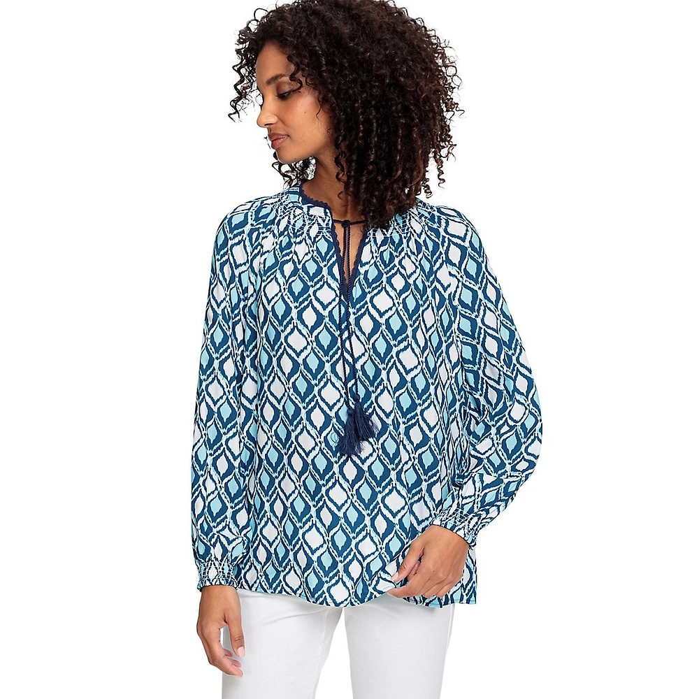 Ikat-Print Long-Sleeve Tassel-Tie Tunic Blouse