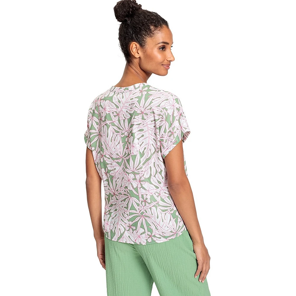 Tropical-Print Short-Sleeve Knotted Top