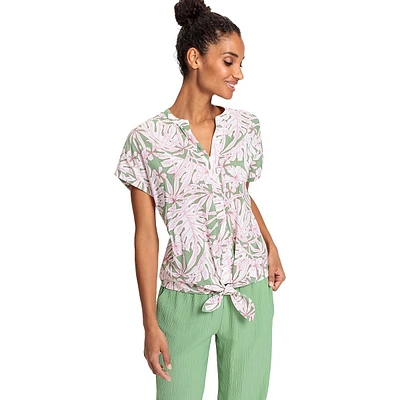 Tropical-Print Short-Sleeve Knotted Top