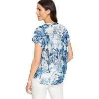 Tropical-Leaf Print Splitneck Top