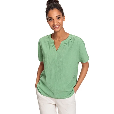 Crinkled Split V-Neck Short-Sleeve Top