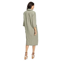 Linen Roll-Tab-Sleeve Midi Shirtdress