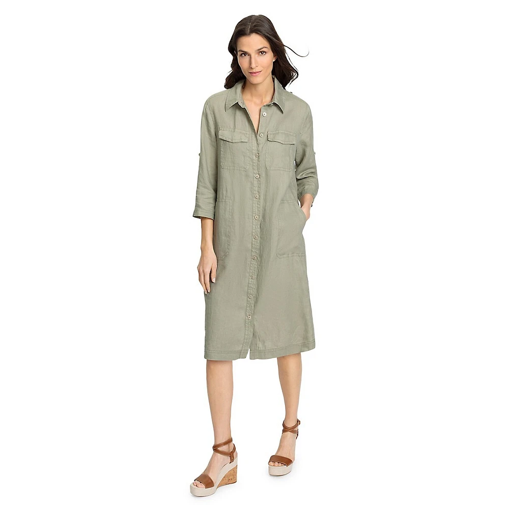 Linen Roll-Tab-Sleeve Midi Shirtdress