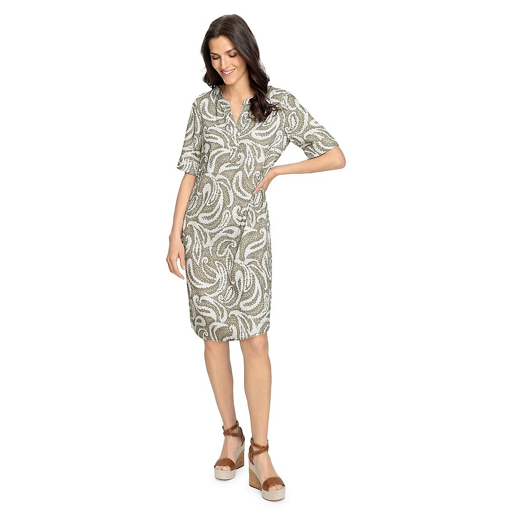 Digitized Paisley-Print Tunic-Neck Midi Dress