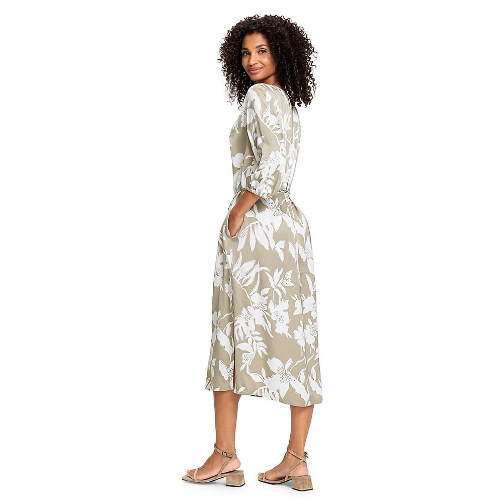 Satin Abstract-Floral Tie-Neck Midi Dress