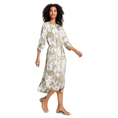 Satin Abstract-Floral Tie-Neck Midi Dress