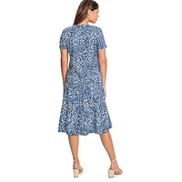 Printed Short-Sleeve Tiered A-Line Midi Dress